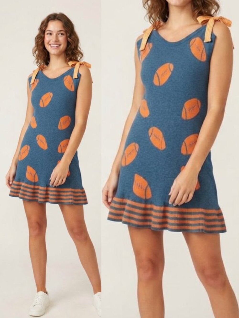 Navy Orange Football Print Knit Dress Gingham Bow Straps Ruffle Hem Large